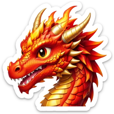 Cinematic Cute Fierce Fire Dragon Portrait Emoji, Head tilted playfully and inquisitively, showcasing a robust, flame-embellished form with intricately detailed scales in vibrant reds and glistening golds, accented by flickering ember highlights and a warm, inviting glow; rendered with lifelike detail and radiant natural light, high shine, spirited yet endearing, styled with a touch of blazing whimsy, soft glowing outline, capturing the essence of a mischievous yet charming inferno that seems ready to dance with playful fire! sticker