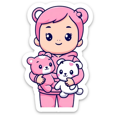 cute toddler girl with pastel pink clothes holding a pink teddy bear sticker