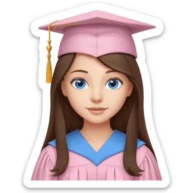 young brunette girl long hair, blue eyes and light pink gown and cap university graduate sticker