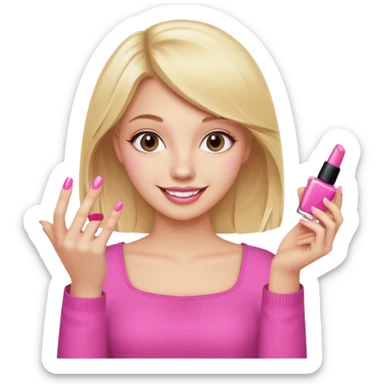 A happy blonde girl in pink holds nail polishes in her hand sticker