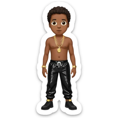 Jay-Z with dark brown hair, black sequin baggy pants, shirtless with necklace sticker