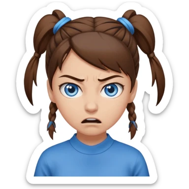 girl with blue eyes, brown hair tied up, angry sticker