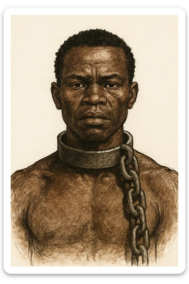 Сгенерируй мне в чуть рисованном стиле африканского раба, и на шее у него оковы с цепью, он смотрит четко прямо без эмоций. На белом фоне sticker