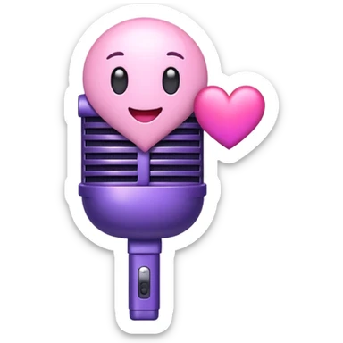 A cute emoji-style microphone with a heart inside, symbolizing love and music, in soft pink and violet tones, perfect for a modern gift brand. sticker