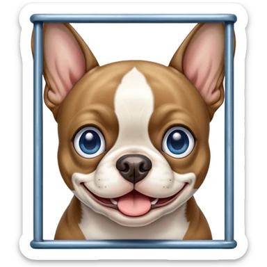 Light Golden brown Boston terrier with blue eyes that looks happy and is behind prison bars sticker