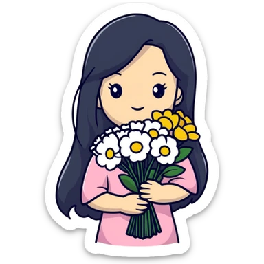 beautiful girl with long black hair holding a bouquet of flowers sticker