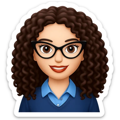 Change to cat-eye glasses, keep lady with long dark brown curly hair, in emoji style with no background. sticker