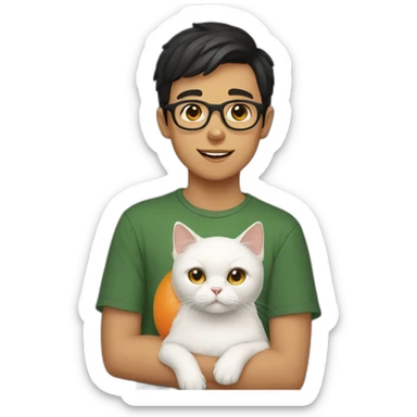 Boy with green eyes, black short hair, white skin, with glasses, holds orange Persian cat sticker