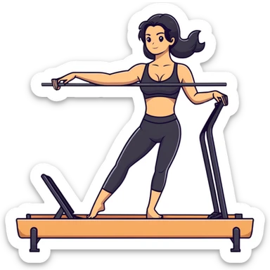 woman with bra, tanned long black hair, doing Pilates reformer sticker