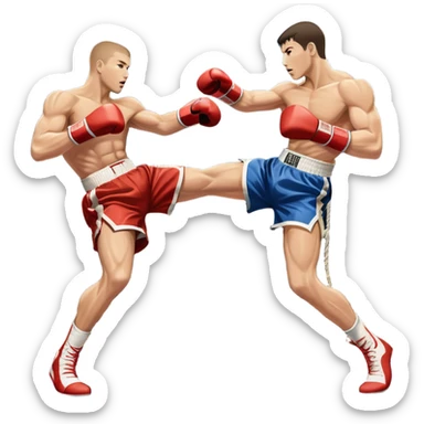 An icon symbolizing kickboxing, featuring two fighters in the ring. One throws a powerful high kick, while the other counters with a punch. The background shows a boxing ring with ropes and a crowd in the distance. Transparent background emphasizes the dynamic energy sticker