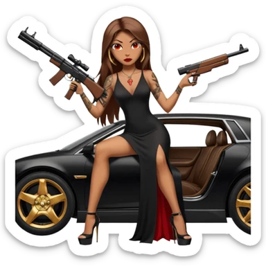 Lilith tan skin female red eyes symbol. Tattoo arms. Her hair is brown straight long hair.wearing sexy long sexy dress with slit. black stiletto thick platform high heels shoes on. Sitting on gold giant luxury car with cash inside . She is holding a sniper rifle in one hand cash in other hand sticker