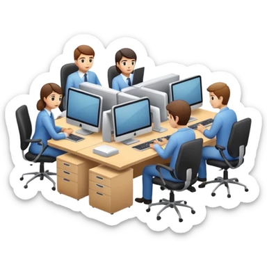 compact office space with workers at computers, representing a medium business, Apple iOS style, soft lighting, glossy finish, white background sticker