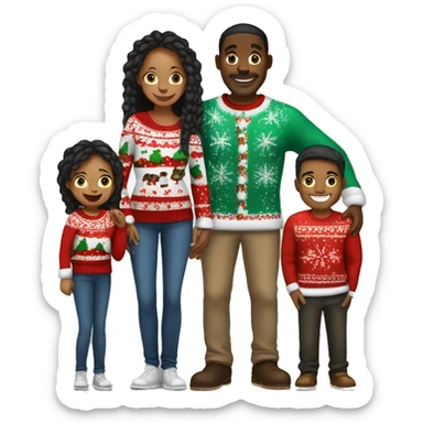 Black family of four members with Dad, Mom, Son, and Daughter. The Son and Daughter are teenagers. The Mom has braids. The Dad is light skinned.All family members are wearing Christmas sweaters and Santa hats.  sticker