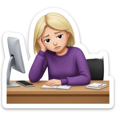 A woman wearing a jumper experiencing burnout, exhausted and overwhelmed, tired eyes, slumped posture, sitting at a desk, iOS emoji style sticker