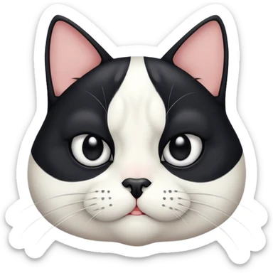 A tuxedo cat with a black nose, narrow slanted eyes, and furrowed brows, giving off a mean and intimidating expression. Its ears are slightly back, and its mouth is curled into a small sneer sticker