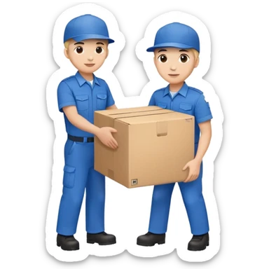 two workers in blue uniforms and hat caps carrying a large box sticker