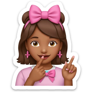 Chica morena sonriendo con un lazo rosa en la cabeza y mordiendose la punta del dedo indice con delicadeza sticker