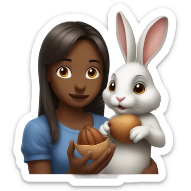 а rabbit holding a hazelnut with a brunnete girl sticker