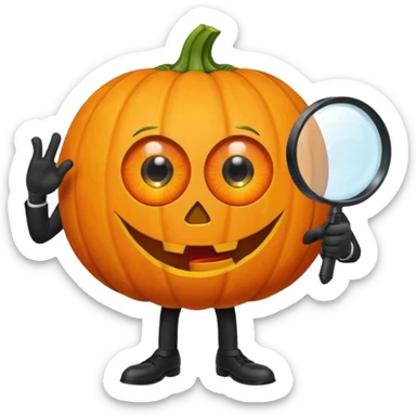 A pumpkin smiling at a magnifying glass (the magnifying glass has limbs and a suit thats black, the magnifying glass also has a eye, looks like a cyclops eye, one eye in the middle) sticker
