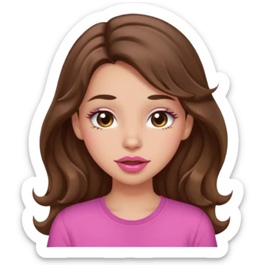 girl with long wavy brown hair, brown eyes, light to medium complexion, in a pink shirt, pink lips, long lashes, puckering lips, winking sticker