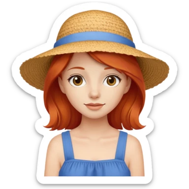 girl_wearing_summer_hat_red_hair, blue dress sticker