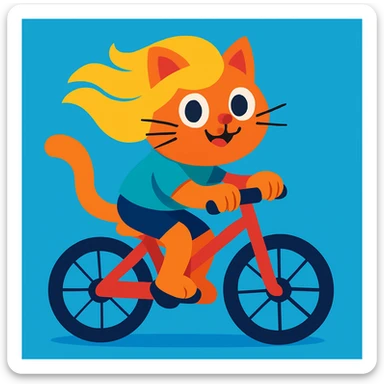 cat riding a bike with blonde hair, vibrant cartoon style sticker