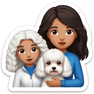 Tanned girl with dark, long hair and a bichon sticker