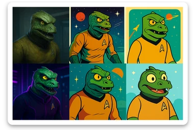 Gorn, a classic lizard-like alien with a muscular build, scaly green skin, and a fierce expression, inspired by the iconic Star Trek character, in a variety of creative styles sticker