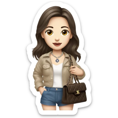 Realistic brown hair blue eyes Chanel Asian Girl with Birkin bag and Chanel necklace sticker