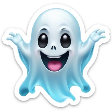Cinematic Comical Ghost Portrait Emoji, with a dramatically floating translucent form in vibrant, swirling ghostly whites and pale blues, head tilted in an exaggeratedly shocked expression with wide, comically expressive eyes and a quirky, startled mouth, simplified yet hilariously expressive, highly detailed with a soft neon-like glowing outline capturing a meme-worthy ghost bursting with playful energy! sticker