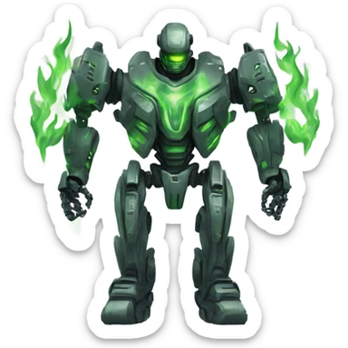 Evil robot mech suit robot with large weapons and green flames  sticker
