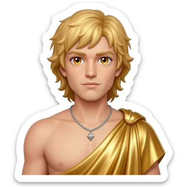 Apollo from Greek Mythology with amber eyes, long blonde hair, gold metallic toga, silver necklace sticker