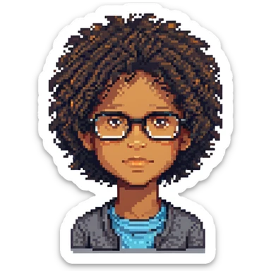 11 year old mixed-race boy with glasses and curly hair, pixel art style sticker