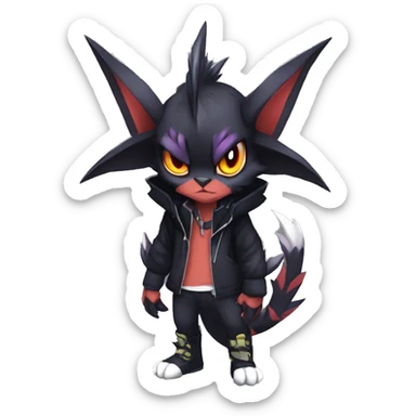 Cool Anthro Black Noivern-Absol-Litten-Pokémon with edgy stripes hoodie spiked collar punk Full Body sticker