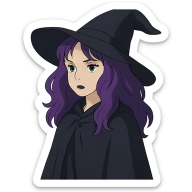 gothic woman with purple hair, witchy touch, wearing a black cloak, ghibli style sticker