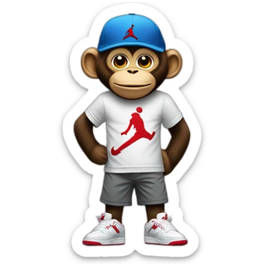 Monkey wearing Jordan 4 on its  feet  with a bunch of Nike clothes  with a Nike hat sticker