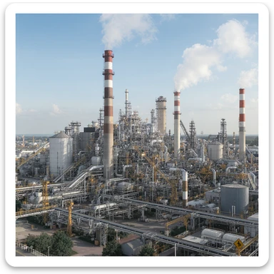 A detailed illustration of a large industrial factory with multiple buildings, smokestacks, and machinery. The factory should have a realistic and intricate design, with various pipes, conveyor belts, and storage tanks. The scene should be set during the day with clear skies. sticker
