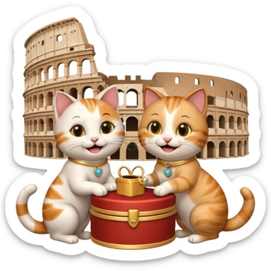 one happy cat proposing marriage to another happy cat in front of the Colosseum, both cats smiling, with a ring box, playful and cute, emoji style sticker