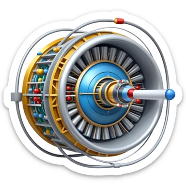 An icon featuring a large Hadron Collider, symbolizing the science of physics. The design includes particle trajectories, atoms, and energy waves, representing the study of fundamental forces and matter. Transparent background highlights the exploration of the universe at a microscopic level. sticker
