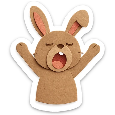 brown bunny stretching arms while yawning, paper-craft style sticker