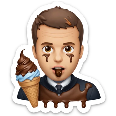 Emanuel macron avec une glace au chocolat et du chocolat autour de la bouche sticker