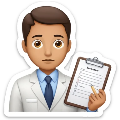 Tax inspector with clipboard asking questions with suspicious look sticker