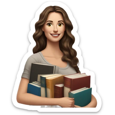 white woman brunette long wavy hair highlights woman while holding large stack of books sticker