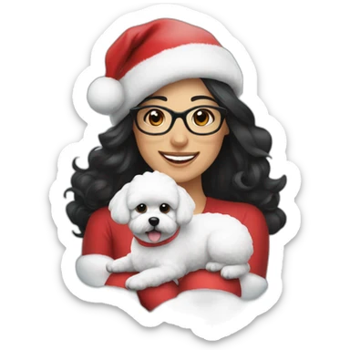 woman-black hair-christmas hat-with glasses-with bichon dog-white-smile sticker