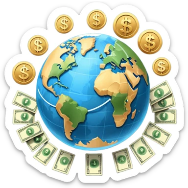 An icon featuring  a dollar sign, and a chart with upward trends, symbolizing economics. The design includes coins, bills, and earth e, representing global trade and financial systems. Transparent background highlights the study of markets, supply, and demand. sticker