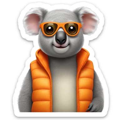 koala wearing an orange puffer vest and sun glasses sticker