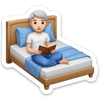 bed with a wrinkled blanket, the pillow out of place on the floor. t-shirt, pants, and an open book on the floor. sticker