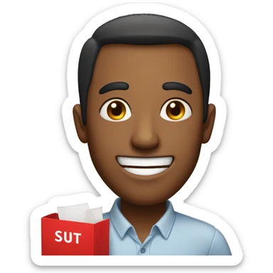 man smiling with box that says in red text packet of bullshit sticker