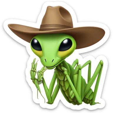 Praying mantis wearing cowboy hat sticker