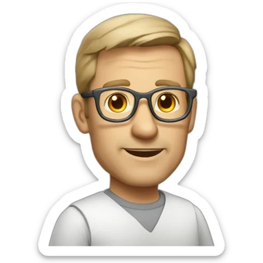 46-year-old white Dutch man with Grey glasses, light brown hair and a white blouse with small chairs on it sticker